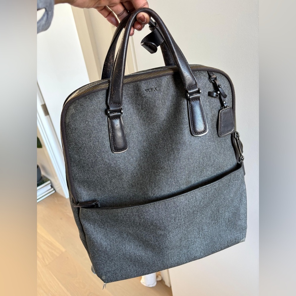 Tumi Charcoal Gray Leather-Trimmed Flat Laptop BookBag